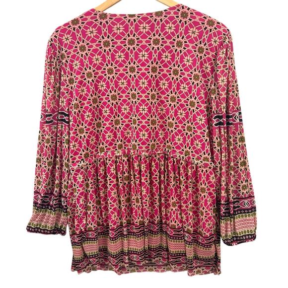 NWT Rose + Olive Pink Boho Print Peplum Blouse Women’s XL V-Neck Long Sleeve - Picture 2 of 6